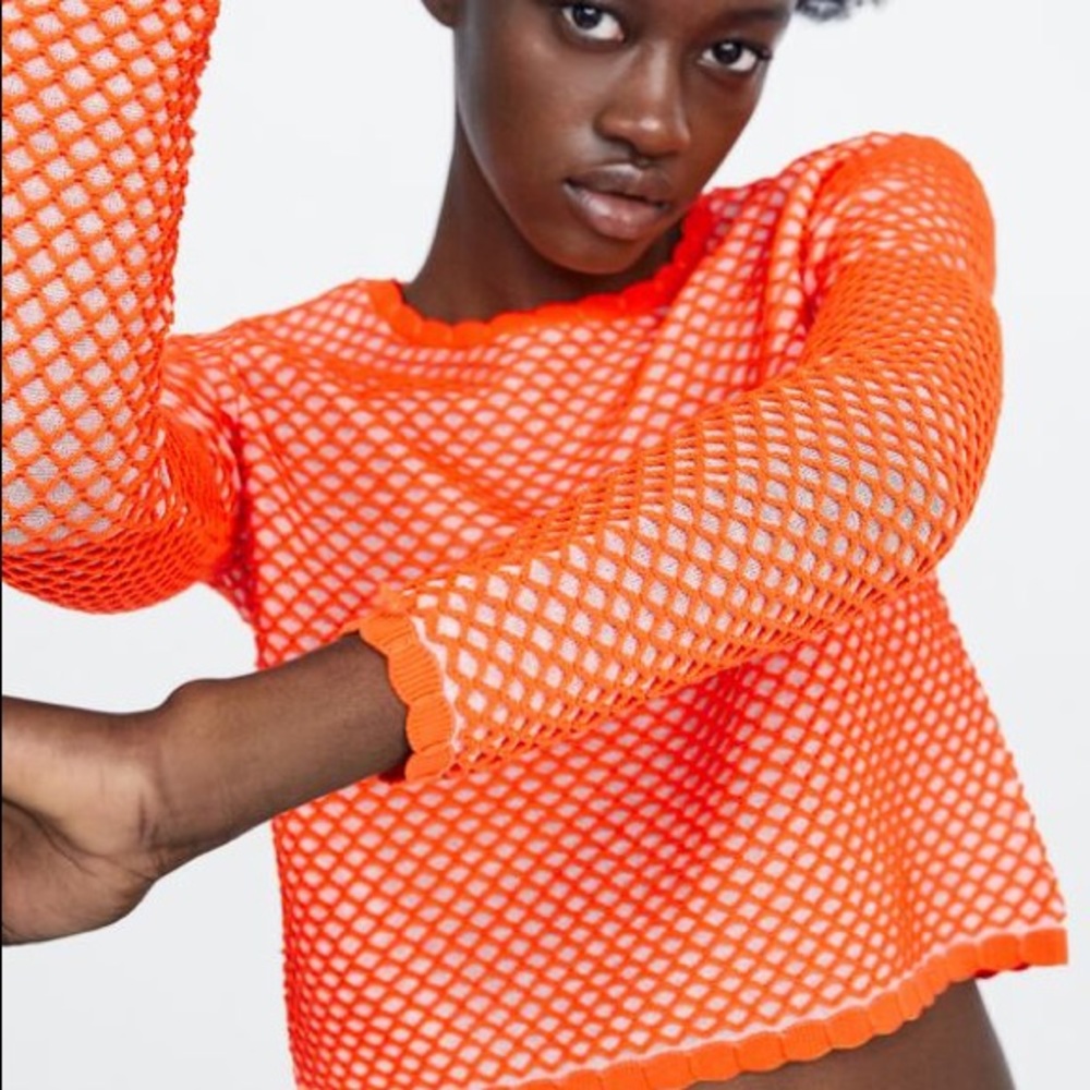 Zara Knit Cropped Sweater Neon Orange Sz Small NWT